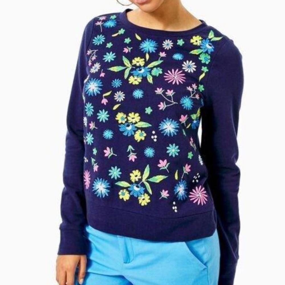 NWT Lilly Pulitzer Rami Floral Embroidered Lightweight Navy Sweatshirt | Medium